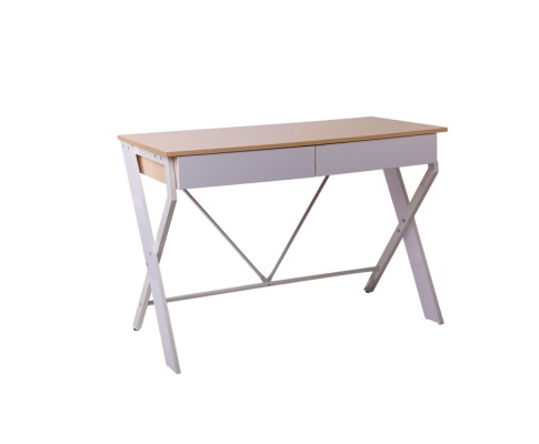 Desk Two Drawer Storage X Leg Modern Design White Oak Look Top