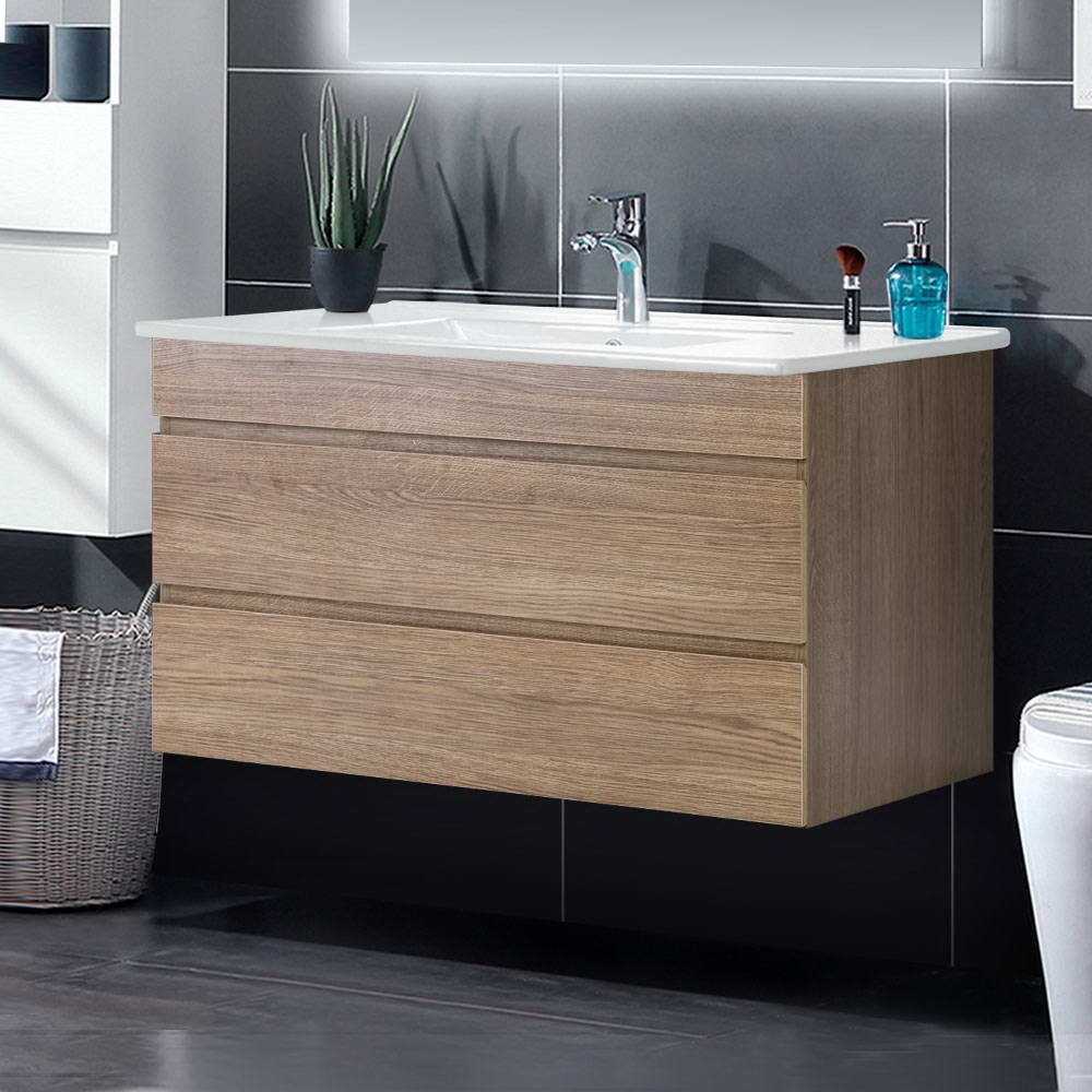 Bathroom Vanity Unit Wall Mount 900cm Oak Wood Finish or White – Safety ...
